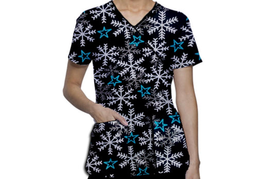 Star & Snow Printed Top Mock Wrap With Black Piping Half Sleeve - 3 Pocket